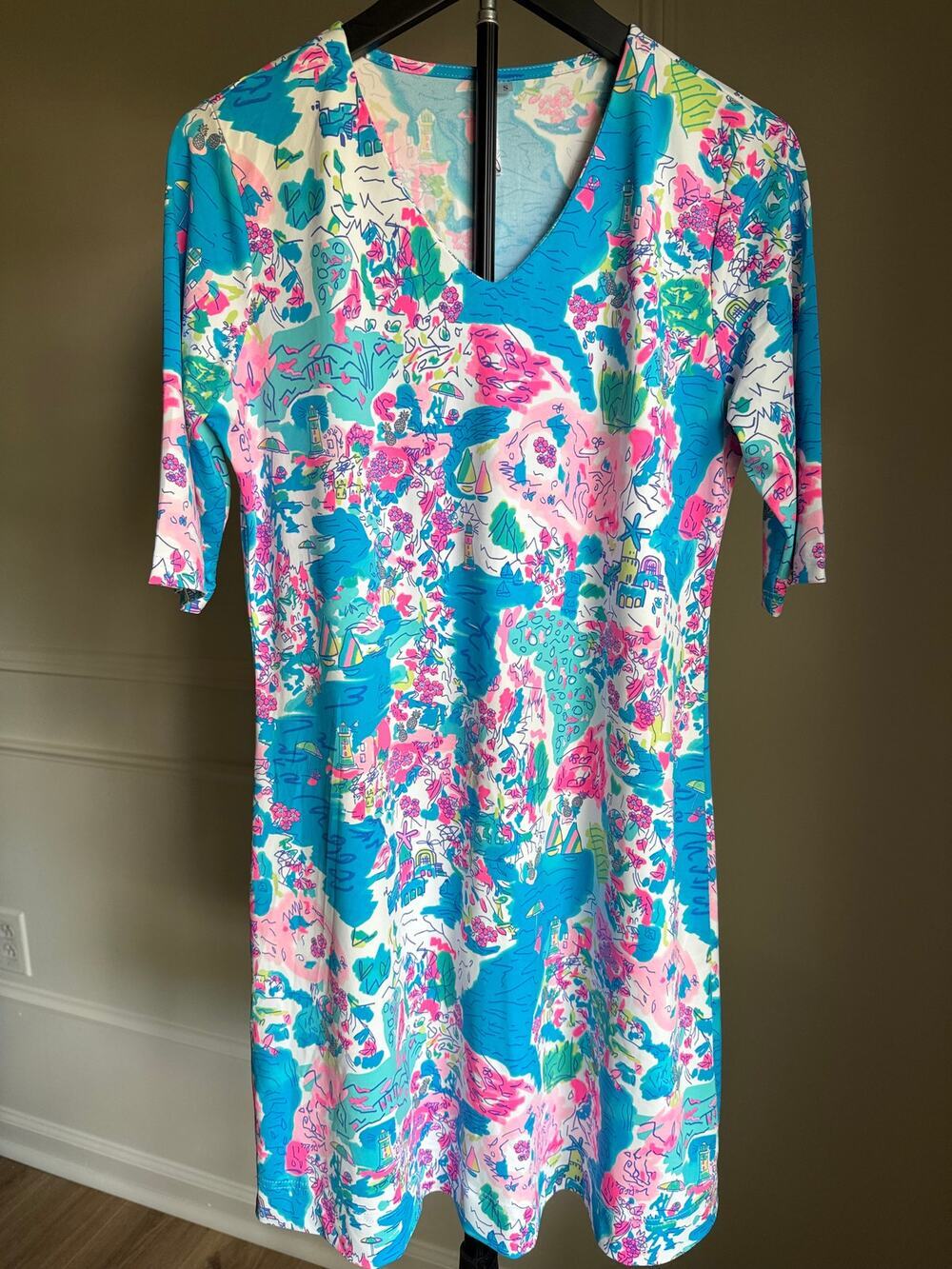 Lulu-B Coastal Travel Dress Small Small Blue Pink Map Nautical Sailboat UPF 50